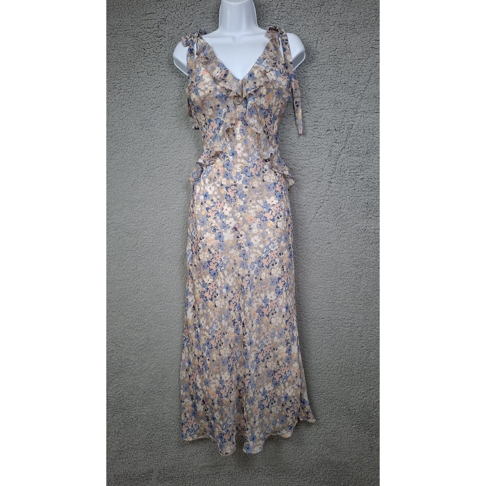 Pink Floral Babydoll Maxi Dress Sz S Ruffle Accent Silk Feel Bias Cut Coquette